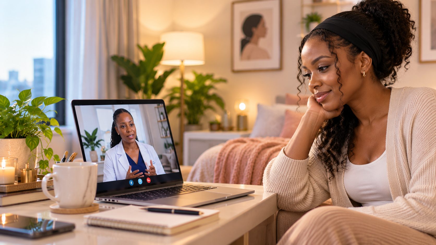 Woman on a video call with her doctor at home